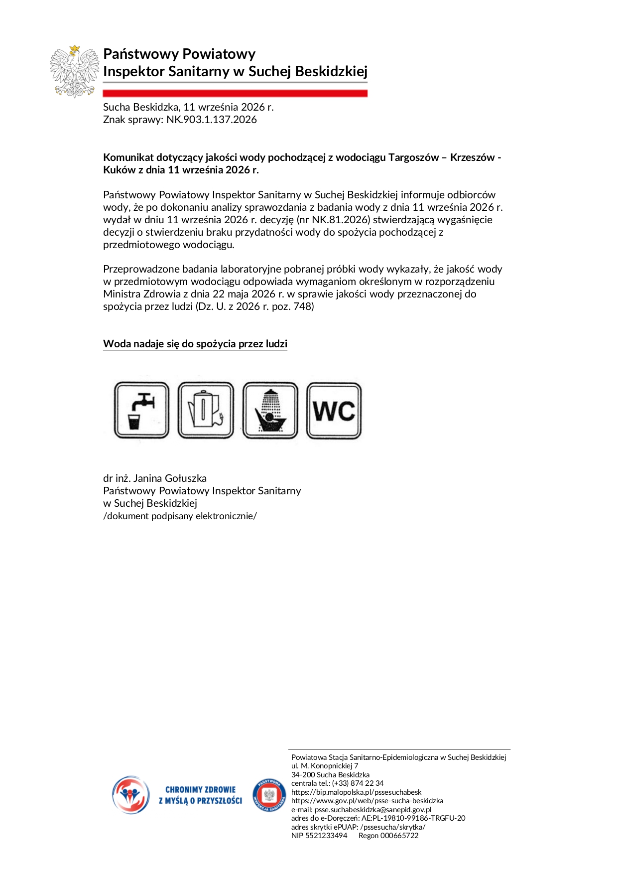 Obraz przedstawiający INFORMACJA DLA UŻYTKOWNIKÓW WODOCIĄGU GMINNEGO  W TARGOSZOWIE, KUKOWIE I KRZESZOWIE