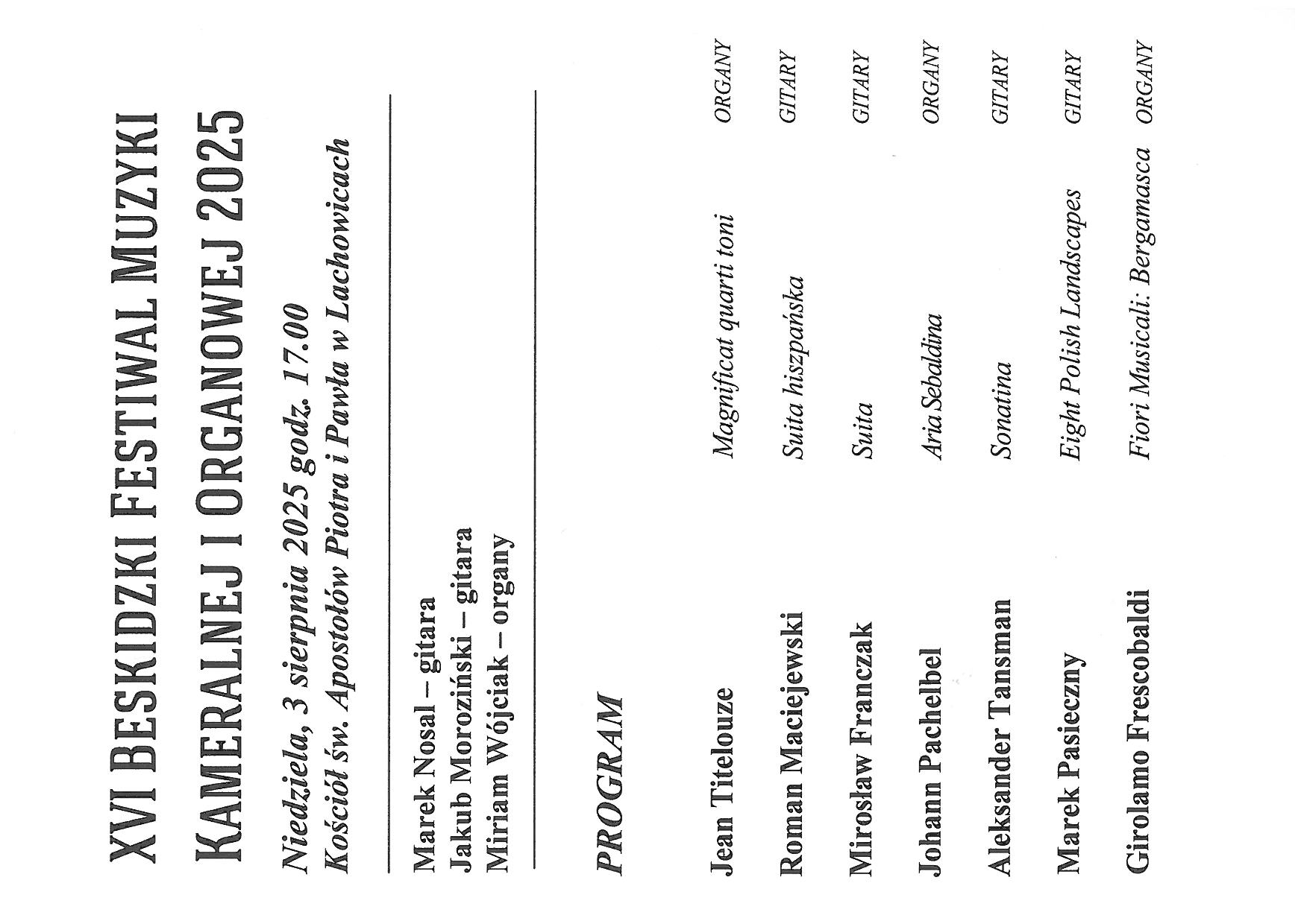 Obraz przedstawiający Beskidzki Festiwal Muzyki Organowej i Kameralnej. Program koncertu w Lachowicach