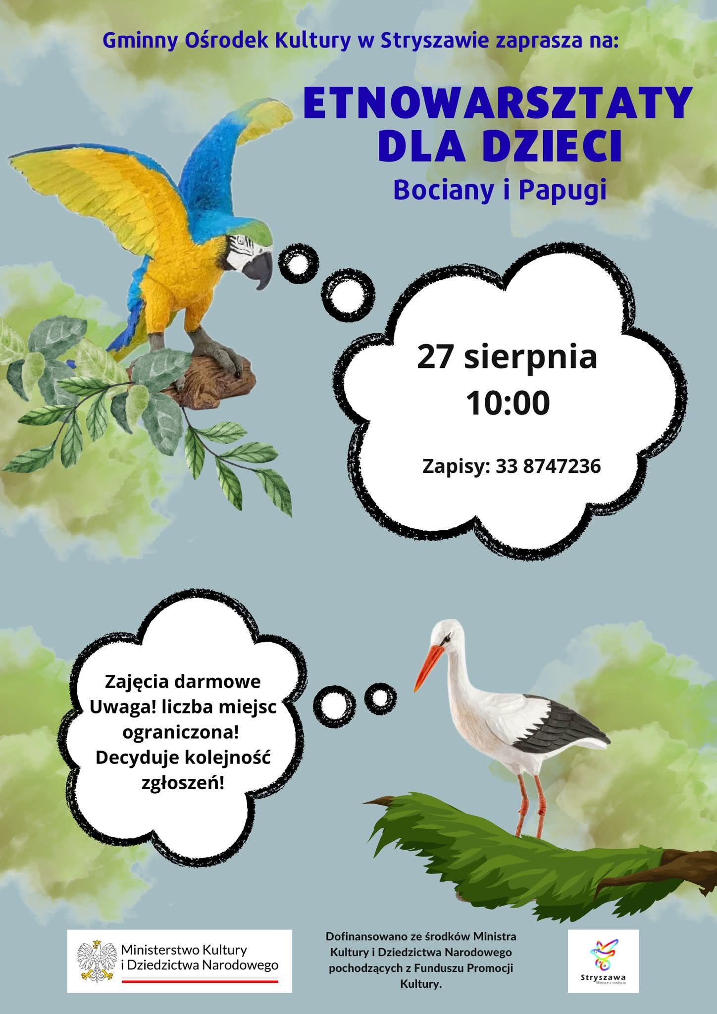 Obraz przedstawiający Warsztaty dla dzieci z malowania bocianów i papug