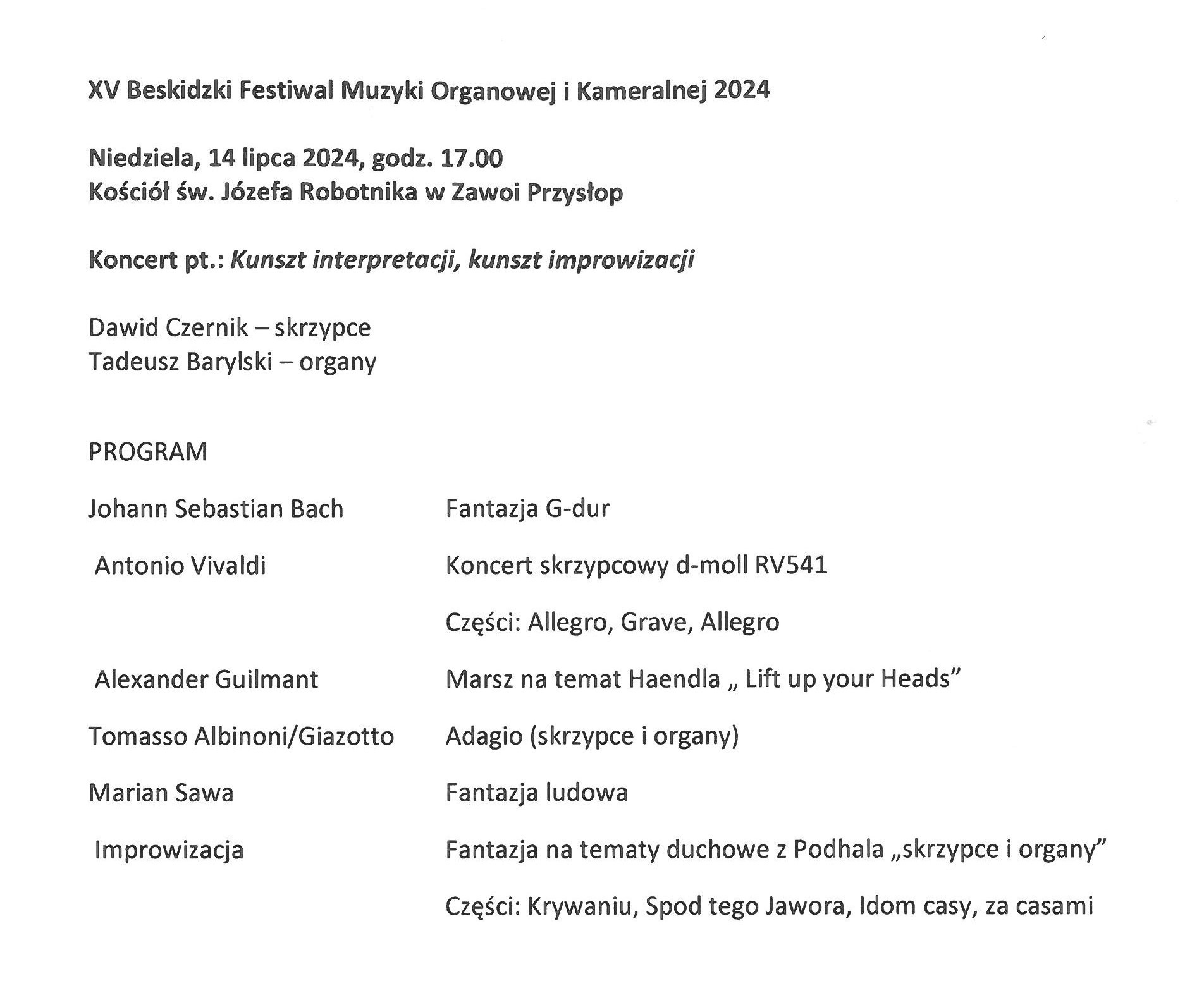 Obraz przedstawiający Beskidzki Festiwal Muzyki Organowej i Kameralnej. Koncert w Zawoi Przysłop