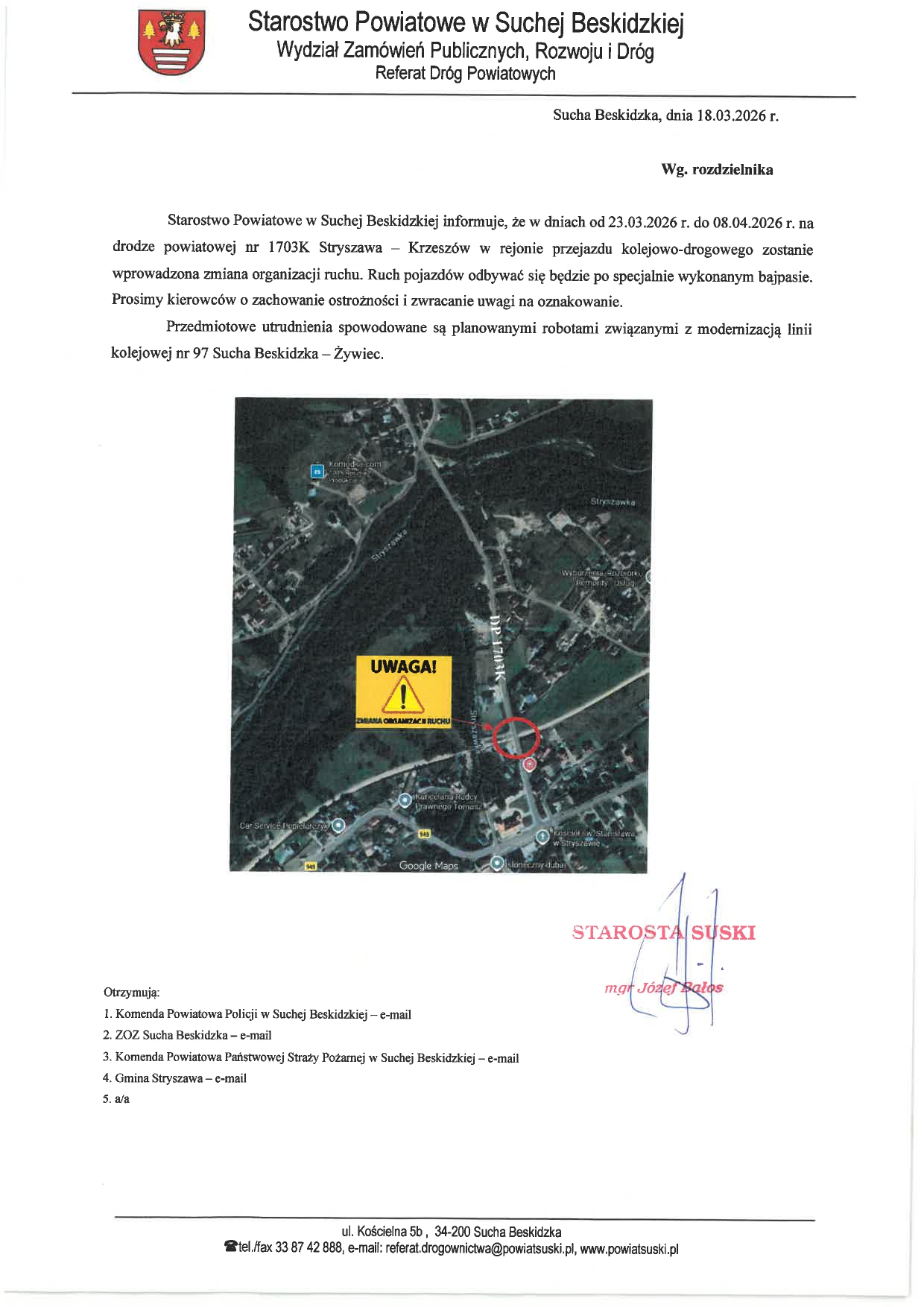 Obraz przedstawiający Informacja dot. wprowadzenia zmiany organizacji ruchu na DP 1703K w związku z robotami budowlanymi na przejeździe kolejowo-drogowym w Stryszawie