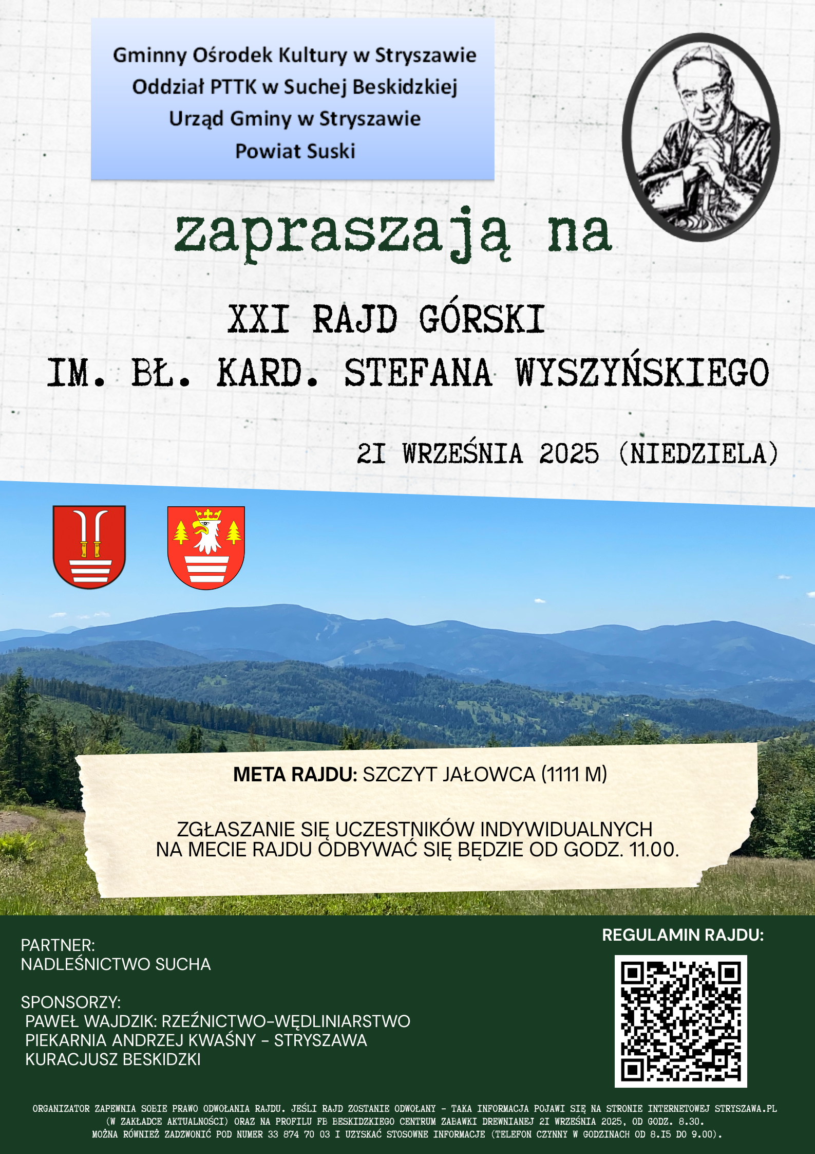 Obraz przedstawiający Zapraszamy na XXI Rajd Górski im. bł. Kard. Stefana Wyszyńskiego