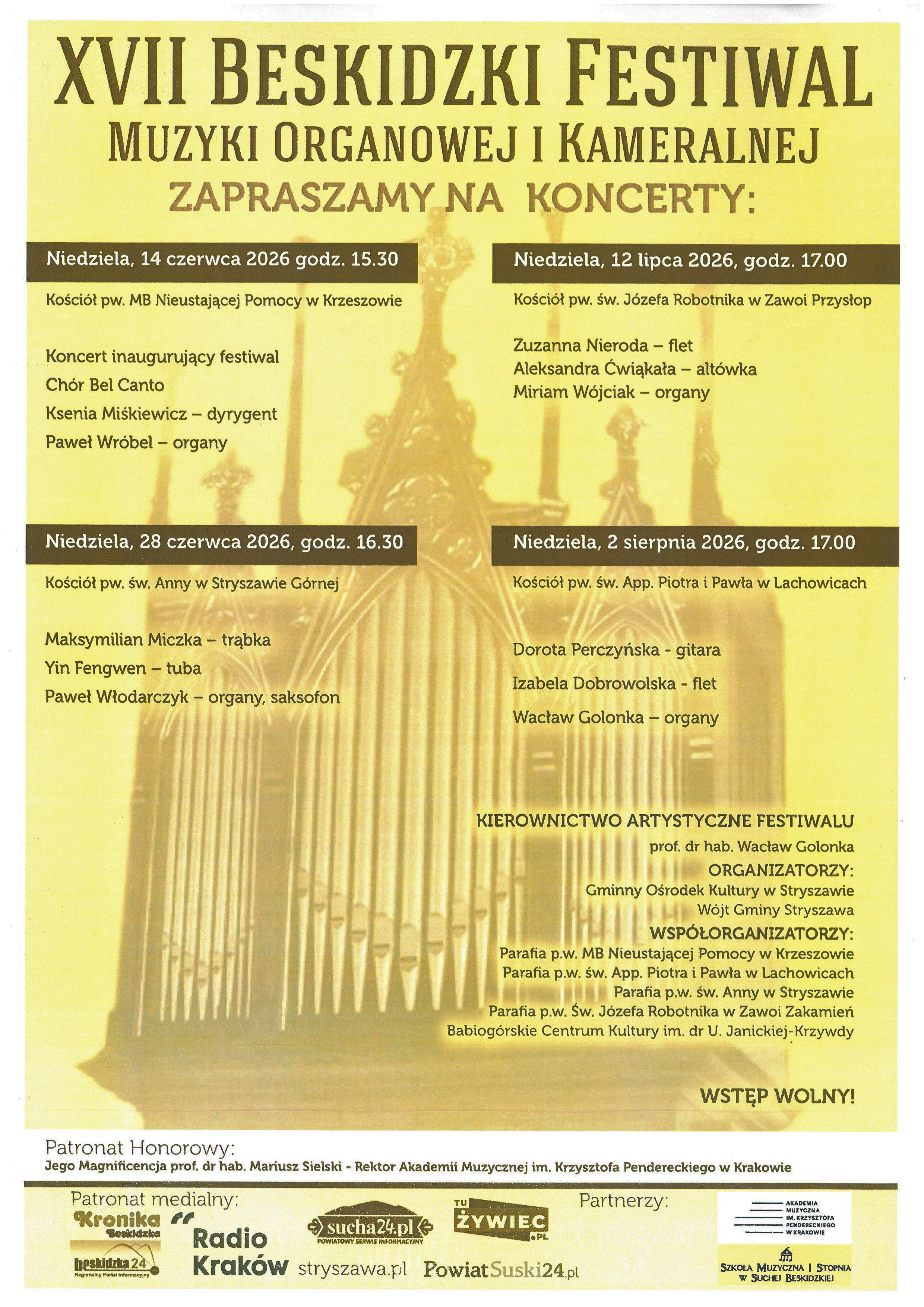 Obraz przedstawiający XVII Beskidzki Festiwal Muzyki Organowej i Kameralnej. Terminy koncertów.