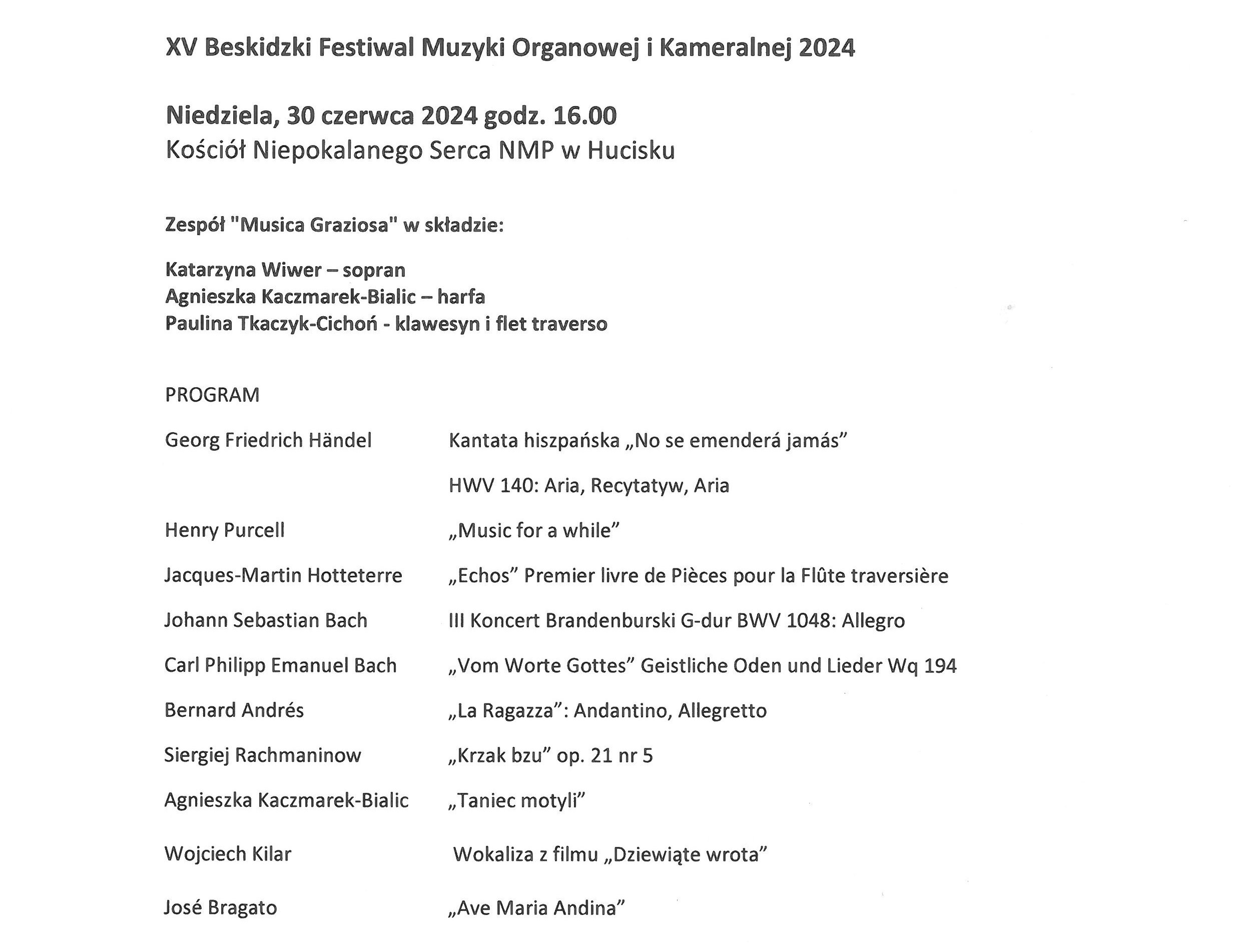 Obraz przedstawiający Program drugiego koncertu Beskidzkiego Festiwalu Muzyki Organowej i Kameralnej