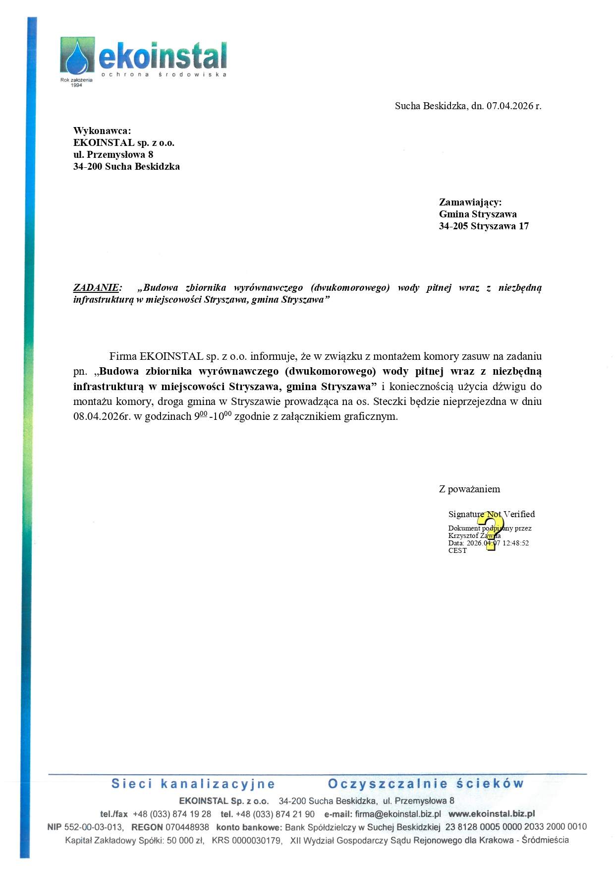 Obraz przedstawiający Informacja o zamknięciu drogi - Stryszawa, os. Steczki