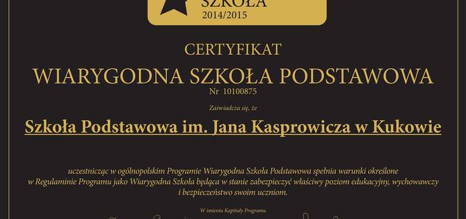 obraz na stronie Szkoła Podstawowa w Kukowie "Wiarygodną Szkołą"